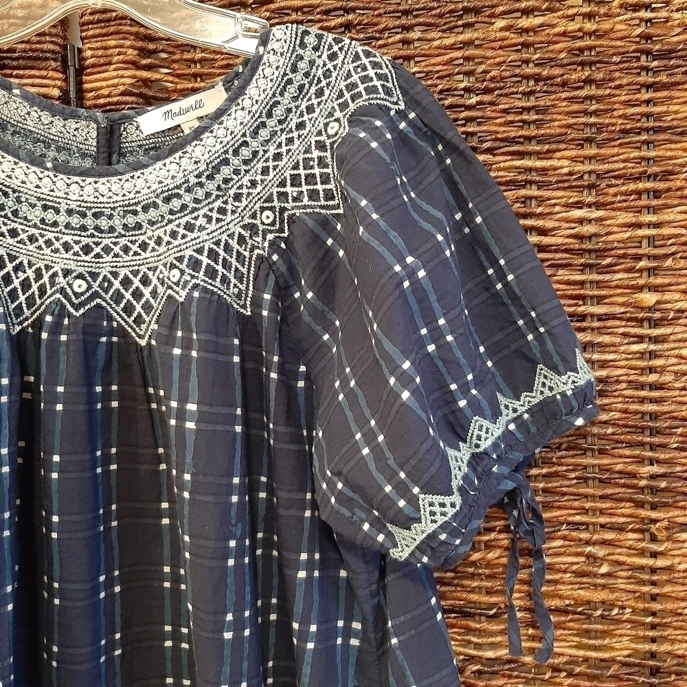 Madewell Embroidered Puff Sleeve Babydoll Mini Dress Indigo Plaid XS Navy Blue - Picture 4 of 12